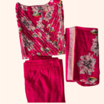 Fuchsia V-Neck Floral Pleated Kurti Set