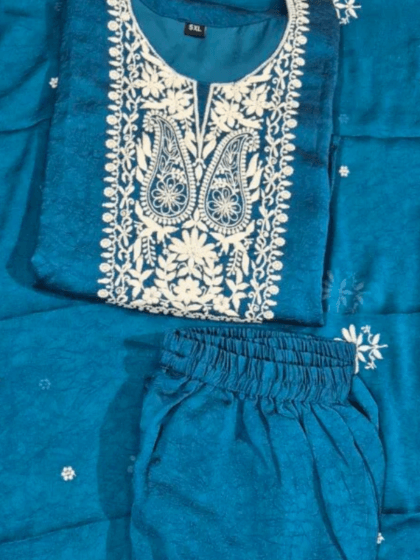 Teal Embroidered Crushed Rayon Kurti Set